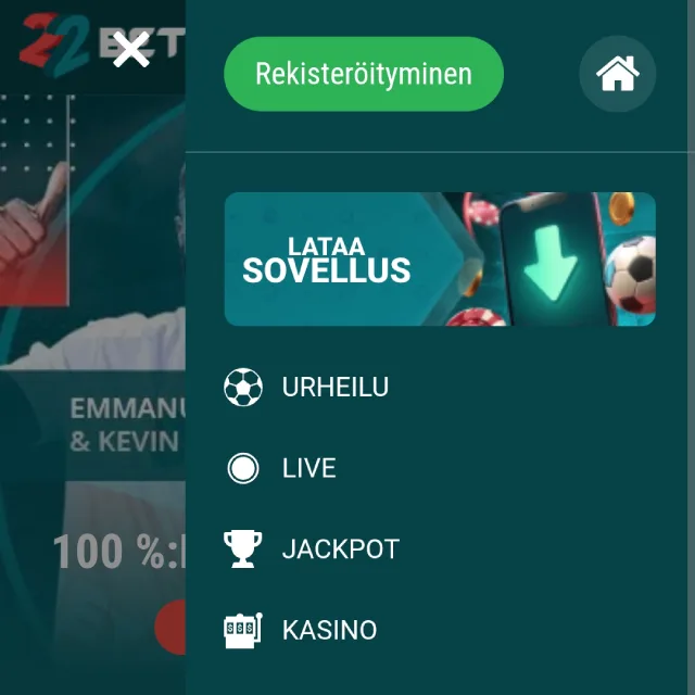 22Bet mobiilivalikko